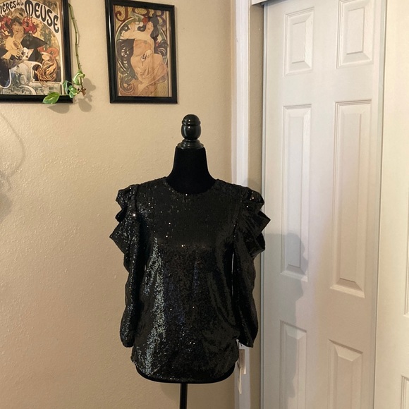 Something Navy Tops - Long sleeved sequin black blouse
